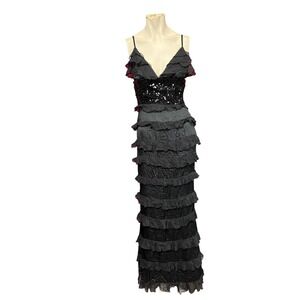 Bebe Y2K Sequin Tiered Ruffle Silk Gown Black XS